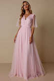 Candy Pink Tulle A Line V-Neck Long Bridesmaid Dress with Sleeves