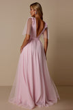 Candy Pink Tulle A Line V-Neck Long Bridesmaid Dress with Sleeves