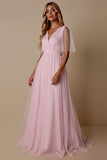 Candy Pink Tulle A Line V-Neck Long Bridesmaid Dress with Sleeves