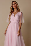 Candy Pink Tulle A Line V-Neck Long Bridesmaid Dress with Sleeves