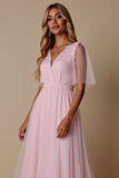 Candy Pink Tulle A Line V-Neck Long Bridesmaid Dress with Sleeves