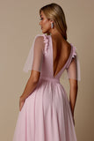 Candy Pink Tulle A Line V-Neck Long Bridesmaid Dress with Sleeves