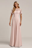 Pink Chiffon Sheath Long Bridesmaid Dress with Lace