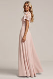 Pink Chiffon Sheath Long Bridesmaid Dress with Lace
