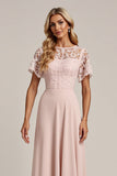 Pink Chiffon Sheath Long Bridesmaid Dress with Lace