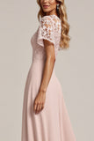 Pink Chiffon Sheath Long Bridesmaid Dress with Lace