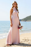 Candy Pink Halter Backless Long Boho Bridesmaid Dress