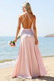 Candy Pink Halter Backless Long Boho Bridesmaid Dress