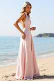 Candy Pink Halter Backless Long Boho Bridesmaid Dress