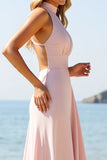 Candy Pink Halter Backless Long Boho Bridesmaid Dress