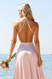 Candy Pink Halter Backless Long Boho Bridesmaid Dress