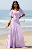 Lilac Chiffon A Line Long Boho Bridesmaid Dress with Sleeves