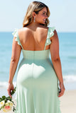 Mint Green Chiffon Plus Size Long Boho Bridesmaid Dress with Slit
