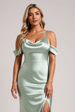 Sage Green Cold Shoulder Long Plus Size Bridesmaid Dress with Slit