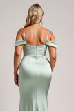 Sage Green Cold Shoulder Long Plus Size Bridesmaid Dress with Slit