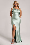 Sage Green Satin Long Plus Size Bridesmaid Dress with Slit