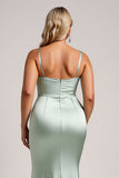 Sage Green Satin Long Plus Size Bridesmaid Dress with Slit