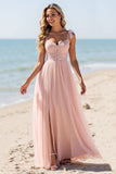 Blush A Line Tulle Long Boho Bridesmaid Dress with Lace