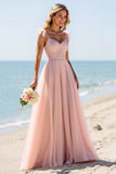 Blush A Line Tulle Long Boho Bridesmaid Dress with Lace