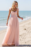 Blush A Line Tulle Long Boho Bridesmaid Dress with Lace