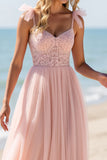 Blush A Line Tulle Long Boho Bridesmaid Dress with Lace