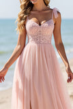 Blush A Line Tulle Long Boho Bridesmaid Dress with Lace