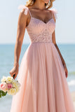 Blush A Line Tulle Long Boho Bridesmaid Dress with Lace