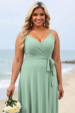 Sage Green Plus Size Chiffon Spaghetti Straps Long Boho Bridesmaid Dress