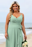 Sage Green Plus Size Chiffon Spaghetti Straps Long Boho Bridesmaid Dress