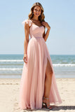Blush A Line Long Boho Bridesmaid Dress with Slit