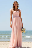 Blush A Line Long Boho Bridesmaid Dress with Slit