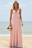 Blush V-Neck A Line Long Boho Bridesmaid Dress