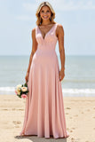 Blush V-Neck A Line Long Boho Bridesmaid Dress