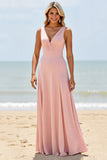 Blush V-Neck A Line Long Boho Bridesmaid Dress