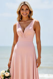 Blush V-Neck A Line Long Boho Bridesmaid Dress