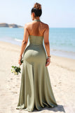 Olive Plus Size Halter Satin Long Boho Bridesmaid Dress with Slit