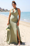 Olive Plus Size Halter Satin Long Boho Bridesmaid Dress with Slit