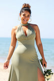 Olive Plus Size Halter Satin Long Boho Bridesmaid Dress with Slit