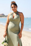 Olive Plus Size Halter Satin Long Boho Bridesmaid Dress with Slit