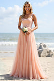 Blush Chiffon A Line Long Boho Bridesmaid Dress