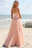 Blush Chiffon A Line Long Boho Bridesmaid Dress