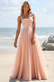 Blush Chiffon A Line Long Boho Bridesmaid Dress