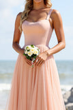 Blush Chiffon A Line Long Boho Bridesmaid Dress