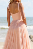 Blush Chiffon A Line Long Boho Bridesmaid Dress