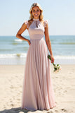 Candy Pink High Neck Chiffon Sheath Long Boho Bridesmaid Dress