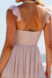 Candy Pink High Neck Chiffon Sheath Long Boho Bridesmaid Dress