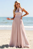 Candy Pink High Neck Chiffon Sheath Long Boho Bridesmaid Dress