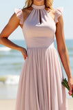 Candy Pink High Neck Chiffon Sheath Long Boho Bridesmaid Dress