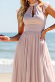 Candy Pink High Neck Chiffon Sheath Long Boho Bridesmaid Dress