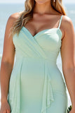 Mint Green Chiffon A Line Long Boho Bridesmaid Dress with Ruffles